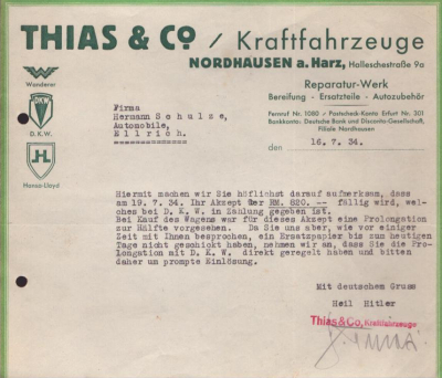 Thias & Co. Kraftfahrzeuge Nordhausen Schreiben 1934