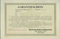 Urania bicycle guarantee certificate 1928