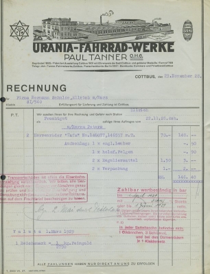 Urania Fahrrad Rechnung von 1928-30