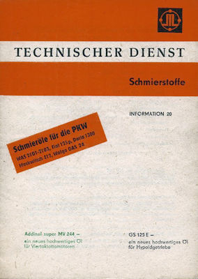 VEB Hydrierwerk Zeitz Schmieröle für die (russ.) Pkw 1973
