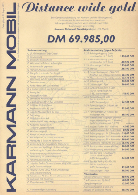 VW LT Karmann Mobil Preisliste 8.1995