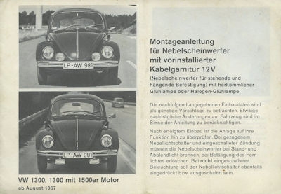 VW Käfer Montageanleitung Nebelscheinwerfer 1968