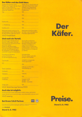 VW Käfer Preisliste 8.1982