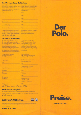 VW Polo 2 Preisliste 8.1982