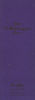 VW T 3 Bus Preisliste 10.1982