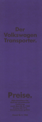 VW T 3 Transporter Preisliste 4.1983