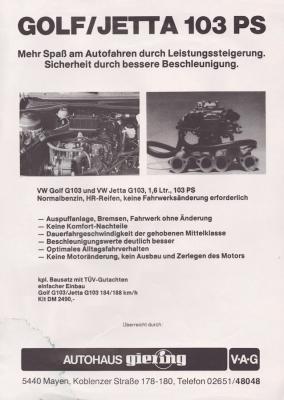 VW Golf / Jetta G 103 Motoren Prospekt 1980er Jahre