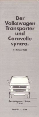 VW T 3 Caravelle / Syncro Preisliste 7.1985