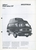 VW T 3 Westfalia Joker Preisliste 1.1987