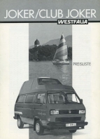 VW T 3 Westfalia Joker / Club Joker Preisliste 8.1987