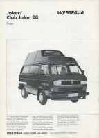 VW T 3 Westfalia Joker / Club Joker Preisliste 6.1988