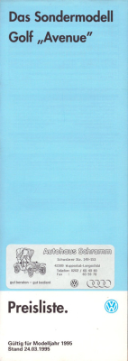 VW Golf 3 Avenue Preisliste 3.1995