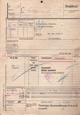 Vereinigte Sauerstoffwerke Berlin / Erfurt Frachtbrief 1939