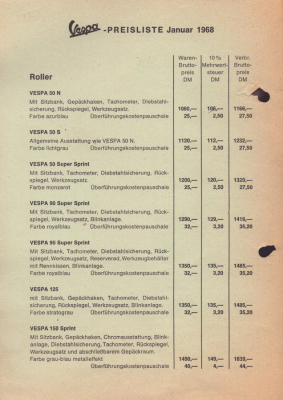 Vespa Preisliste 1968