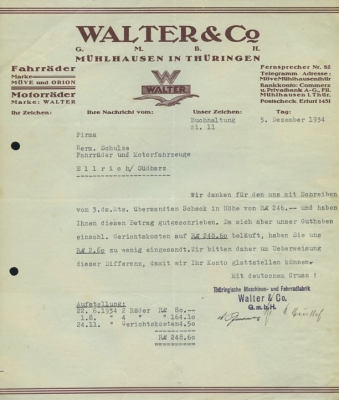 Walter & Co. Mühlhausen Schreiben von 1934