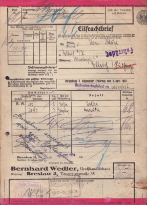 Bernhard Wendler Grosshandelshaus Breslau Eilfrachtbrief 1934