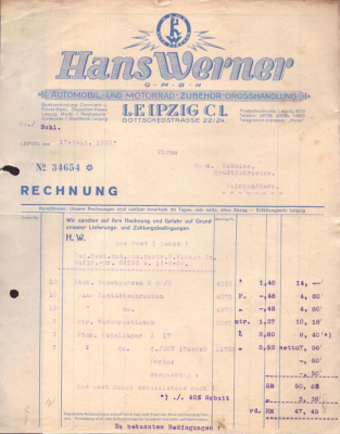 Hans Werner Leipzig Großhandlung Rechnung 1930