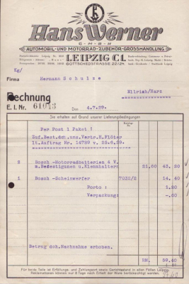 Hans Werner Leipzig Großhandlung Rechnung 1929 / 1930