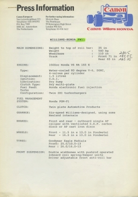 Williams Honda F 1 Pressemappe 1986