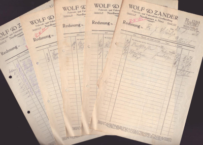 Wolf & Zander Nordhausen a. Harz 5 Rechnungen 1928 / 1936