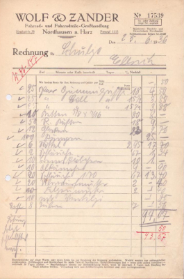 Wolf & Zander Nordhausen a. Harz Rechnung 1928 / 1936