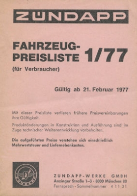 Zündapp Preisliste 1/1977