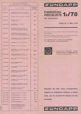 Zündapp Preisliste 1a/1978
