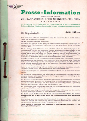 Zündapp Bella 200 Presse Information 7.1954