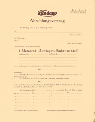 Zündapp Abzahlungsvertrag ca. 1925