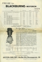 Blackburne Motoren Preisliste 1934