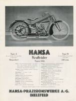 Hansa Kraftrad Type A + B Prospekt 1926