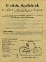 Rheinische Metallindustrie / Berlin Fahrrad Prospekt 1912