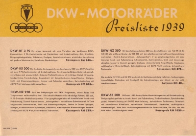 DKW Preisliste 1939