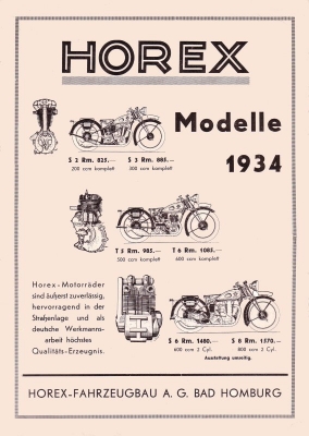 Horex Programm / Preisliste 1934