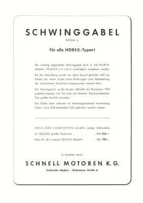 Horex Schwinggabel der Schnell KG Prospekt 1954