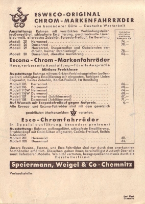 Esweco Fahrrad Prospekt ca. 1936