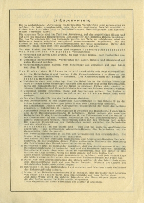 Flink Fahrradhilfsmotor Einbauanweisung und Betriebsanweisung 1950er Jahre