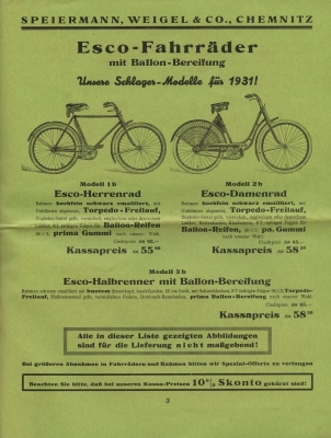 Esweco Fahrrad und Motorfahrrad Programm 1931