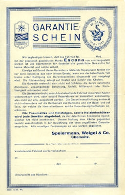 Esweco bicycle Guarantee-Certificate 1935