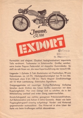 Imme R 100 Standard Prospekt ca. 1950