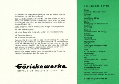 Göricke Mofa Modell 325 Prospekt ca. 1965