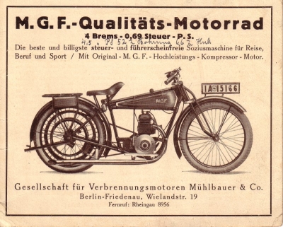 M.G.F. Motorrad Prospekt 1920er Jahre