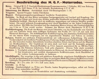 M.G.F. Motorrad Prospekt 1920er Jahre