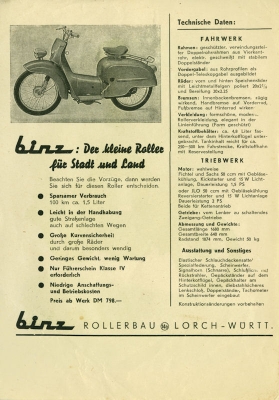 Binz scooter brochure 1950s