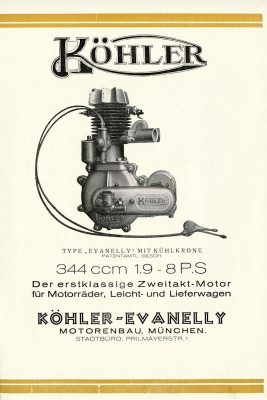 Köhler Motor 344 ccm 1,9 - 8 PS Prospekt 1920er Jahre