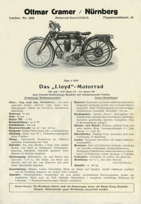 Lloyd 349 ccm Motorrad Prospekt 1920er Jahre