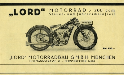 Lord 200 ccm motorcycle brochure ca. 1930