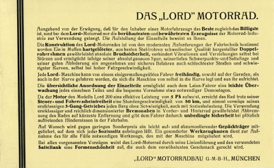 Lord 200 ccm Motorrad Prospekt ca. 1930
