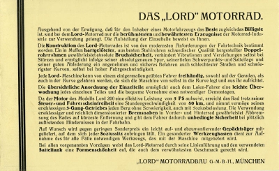 Lord 200 ccm motorcycle brochure ca. 1930