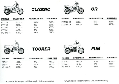 MZ Preisliste 1992